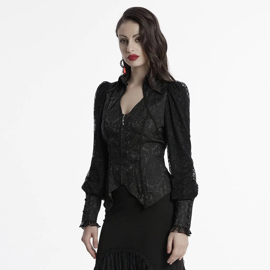 Women's Gothic Plunging Puff Sleeved Lace-up Shirt