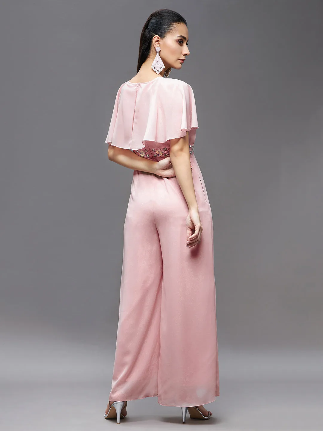Women's Light Pink Georgette V-Neck Cape Solid Layered Regular Jumpsuit