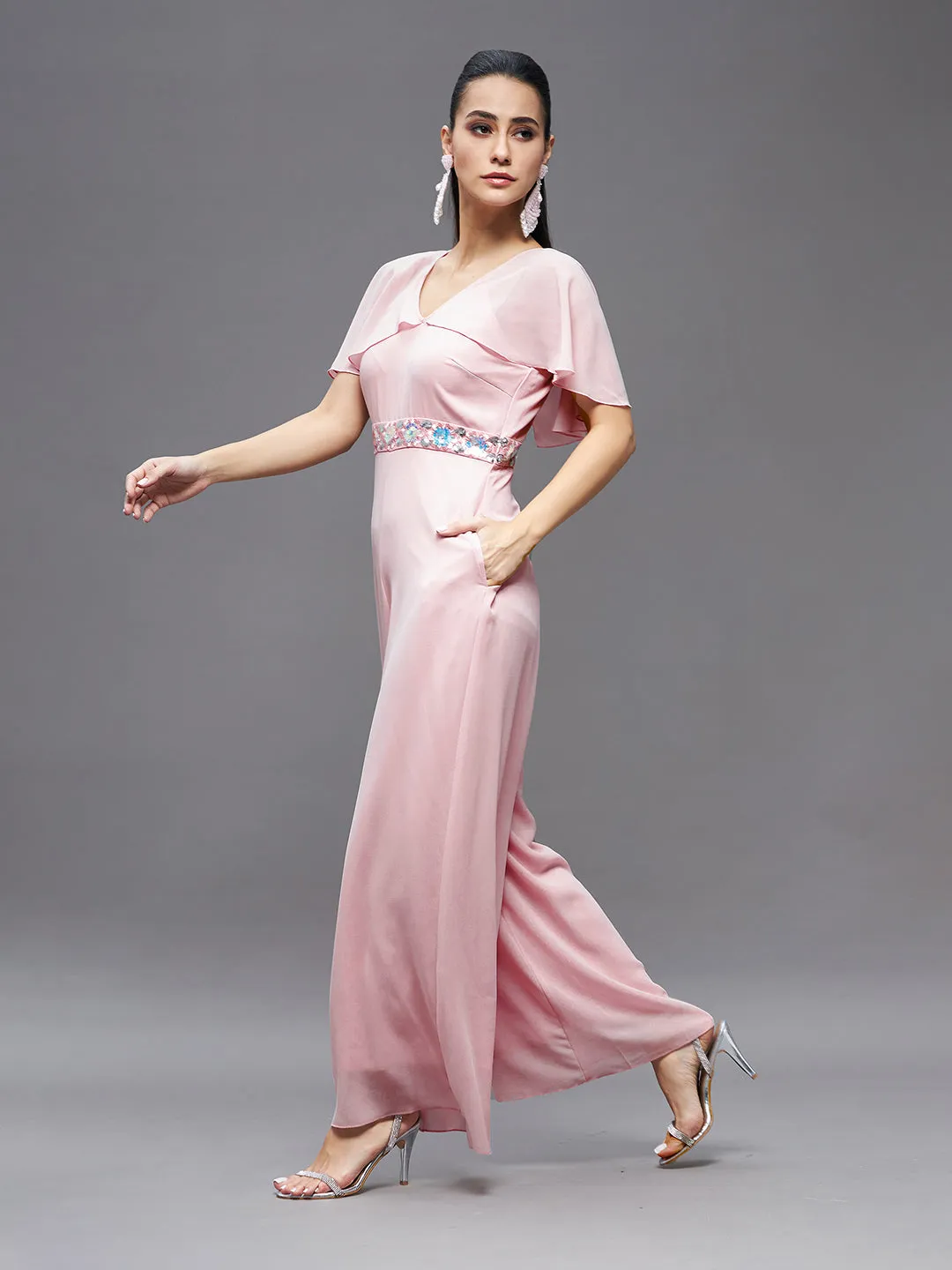 Women's Light Pink Georgette V-Neck Cape Solid Layered Regular Jumpsuit