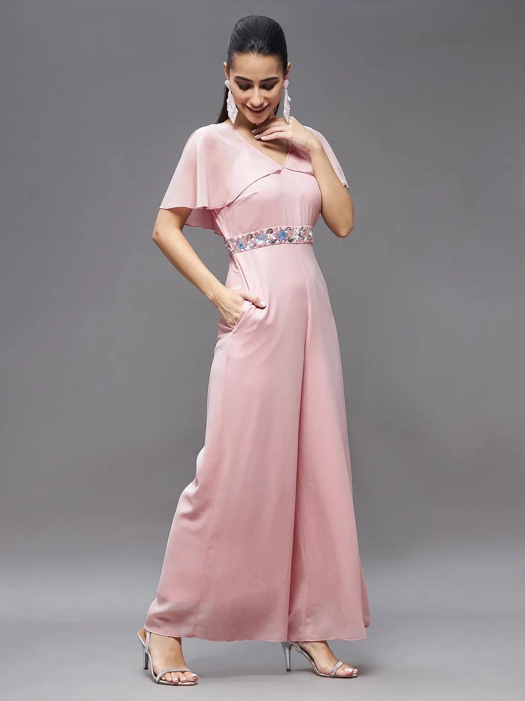 Women's Light Pink Georgette V-Neck Cape Solid Layered Regular Jumpsuit