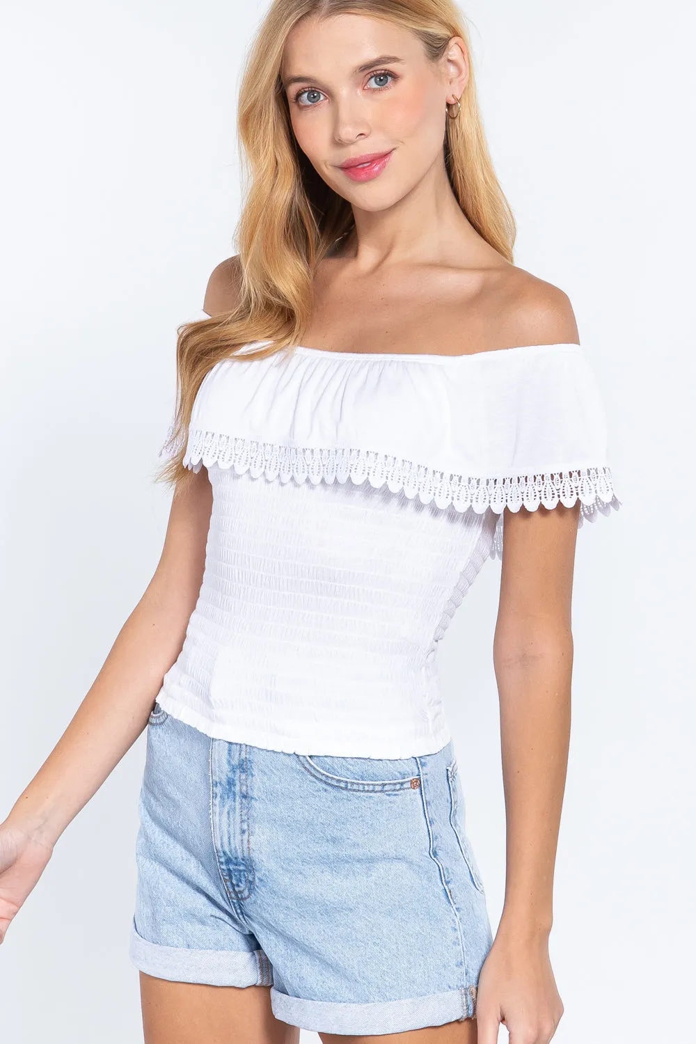 Women's Off Shoulder W/lace Smocked Top