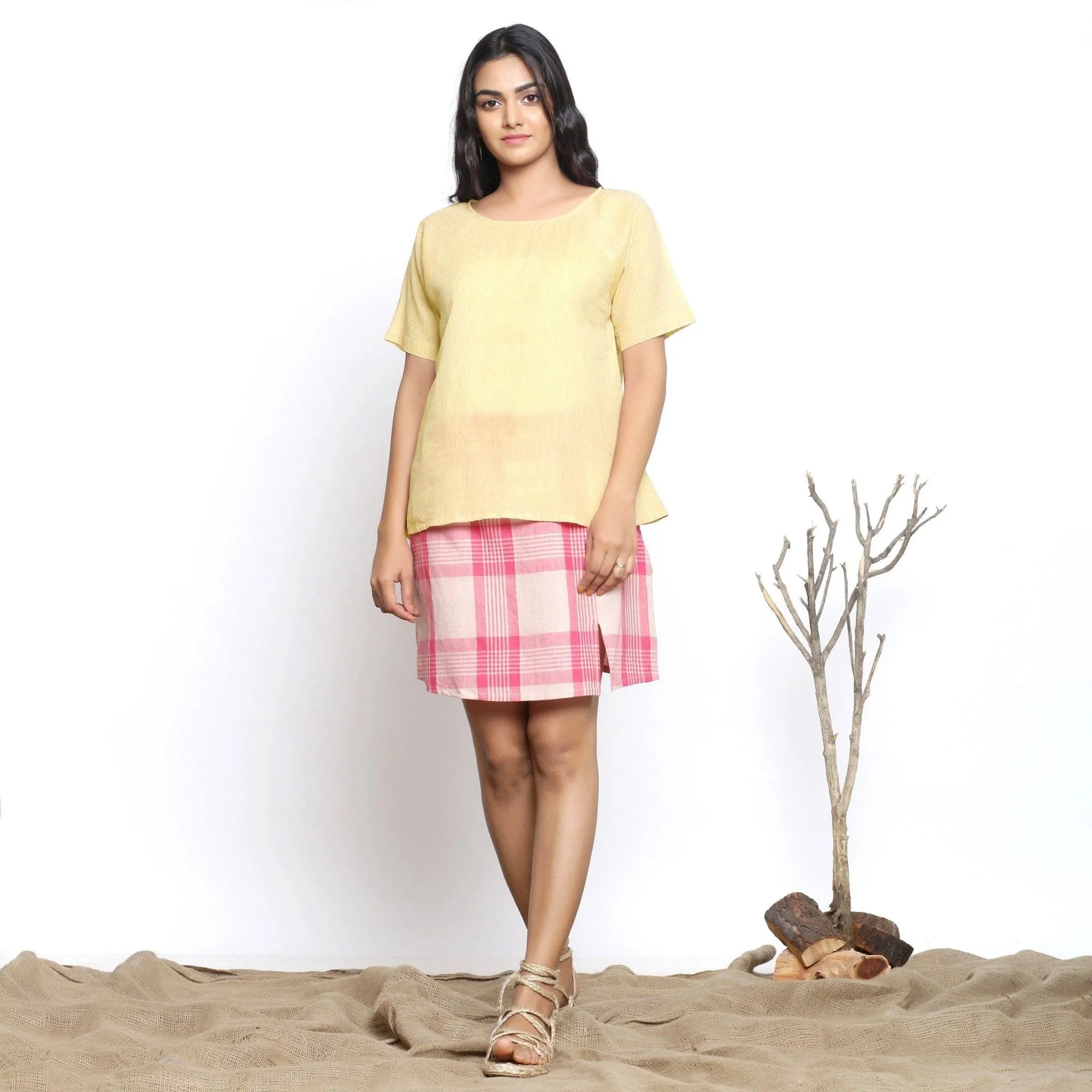 Yarn Dyed Handspun Cotton Light Yellow Raglan Sleeves Top