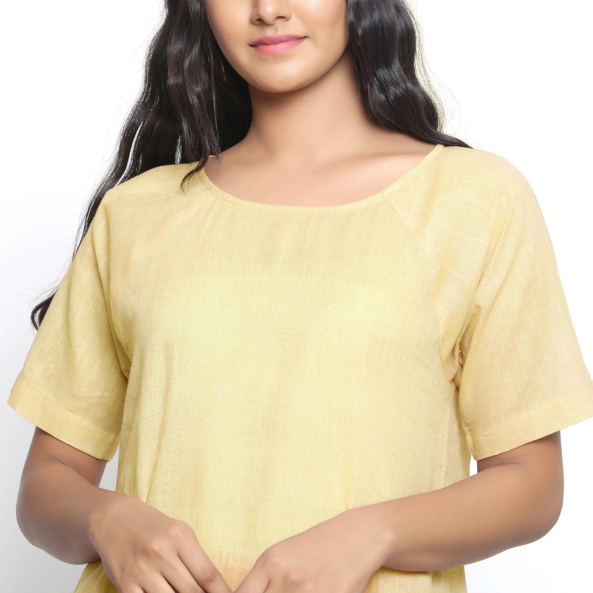 Yarn Dyed Handspun Cotton Light Yellow Raglan Sleeves Top