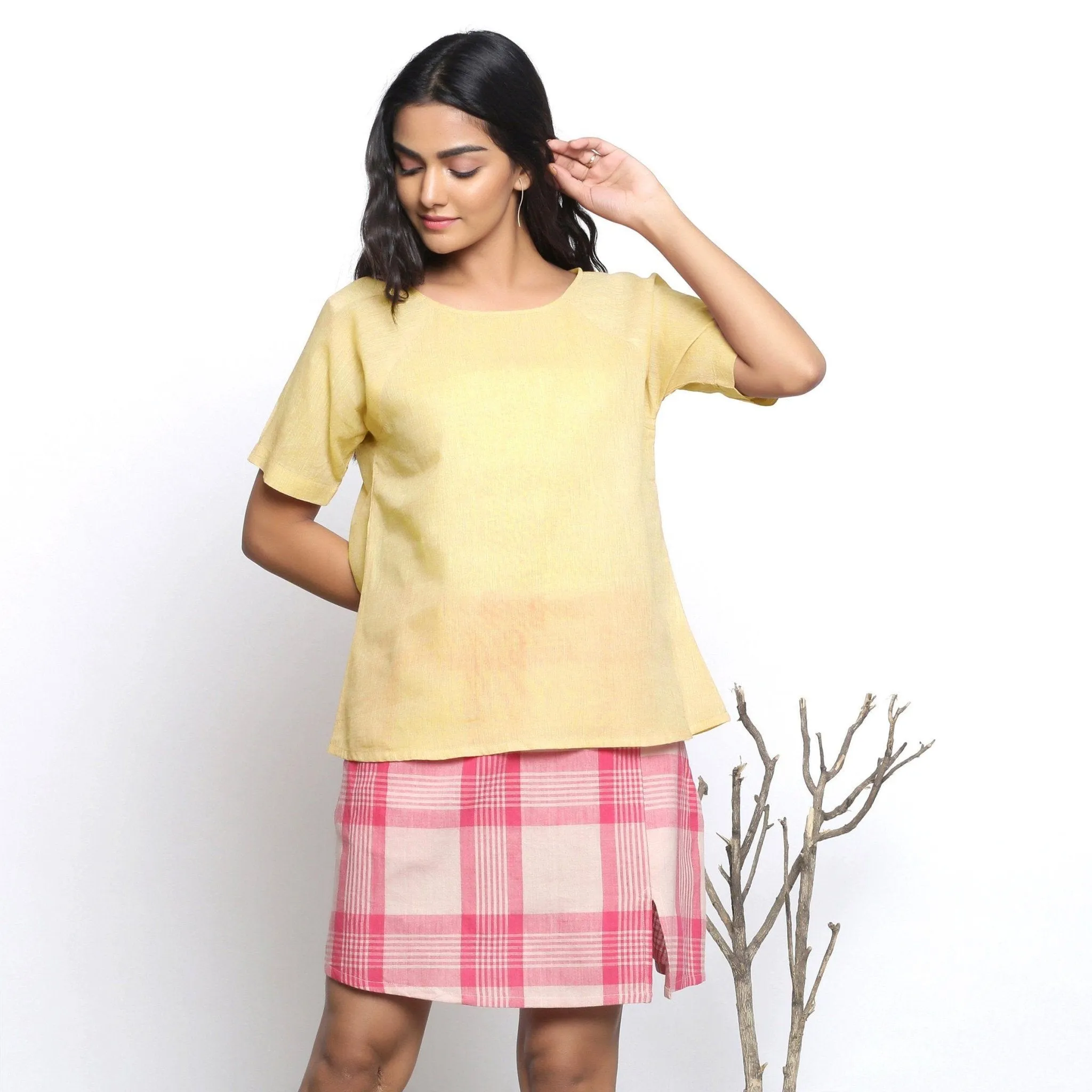 Yarn Dyed Handspun Cotton Light Yellow Raglan Sleeves Top